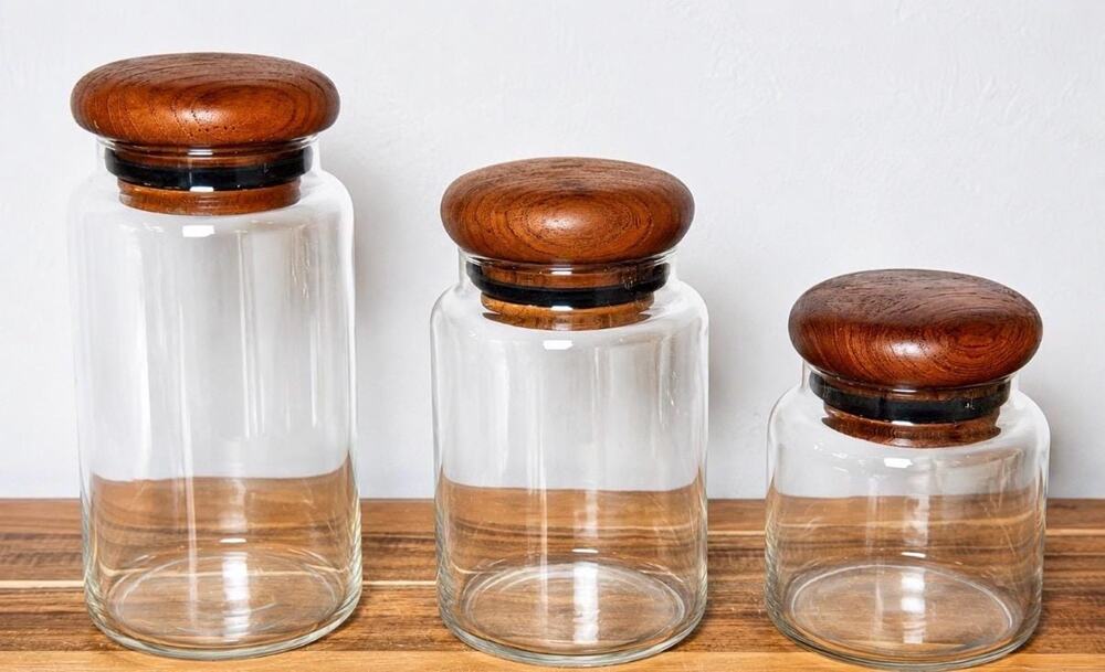1970s Vintage Teakwood Glass Canister Set | Mid Century Modern Kitchen Jars